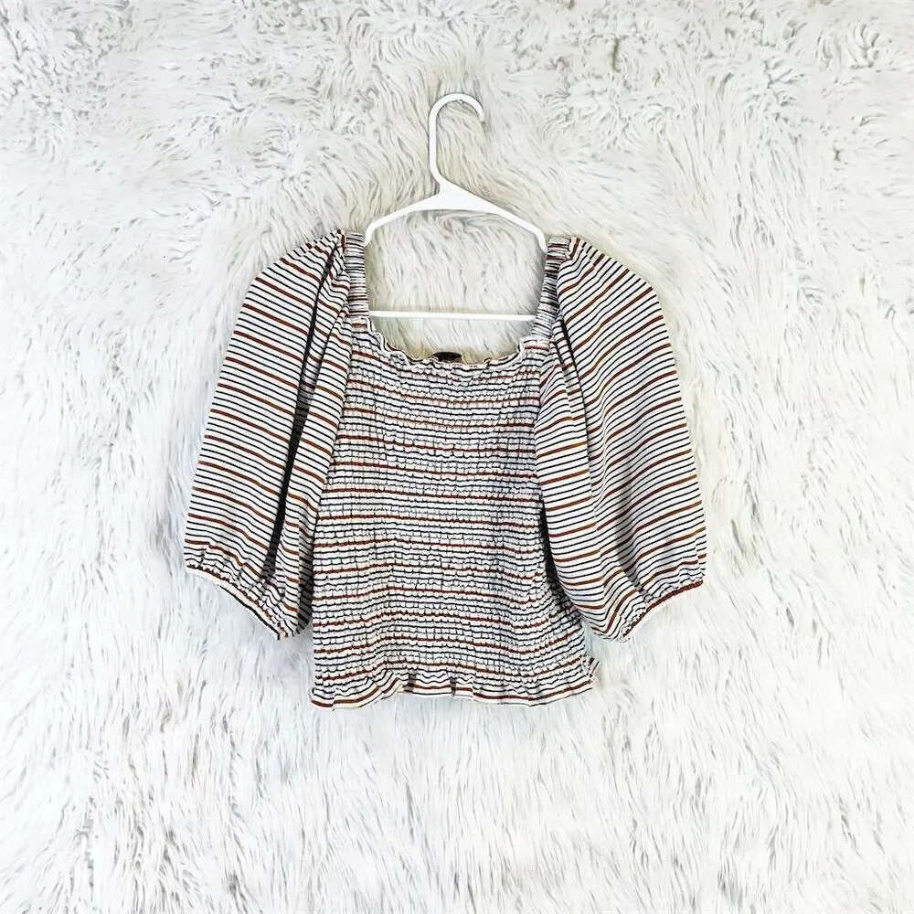 LOFT Women's Striped Smocked Puff Sleeve Blouse Size xs Multicolor
